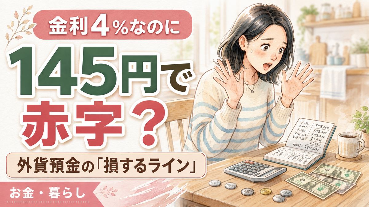 外貨預金はやめたほうがいいか悩む女性が電卓とドル札を前に考え込む様子