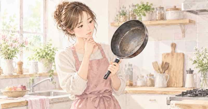 フライパンの寿命を見極めるため使い込んだフライパンの表面を確認する女性