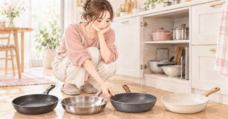 フライパンの寿命は年数で決まらないと考えながらキッチンで数本のフライパンを見比べる女性