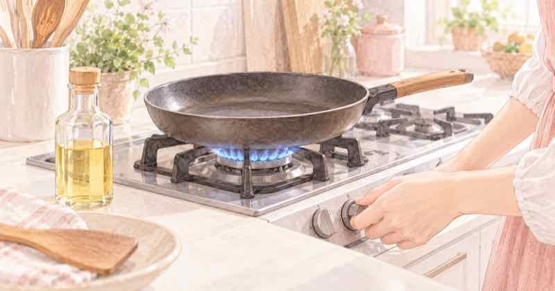フライパンが焦げ付く原因を確かめるため火加減を中火にして予熱している女性の手元