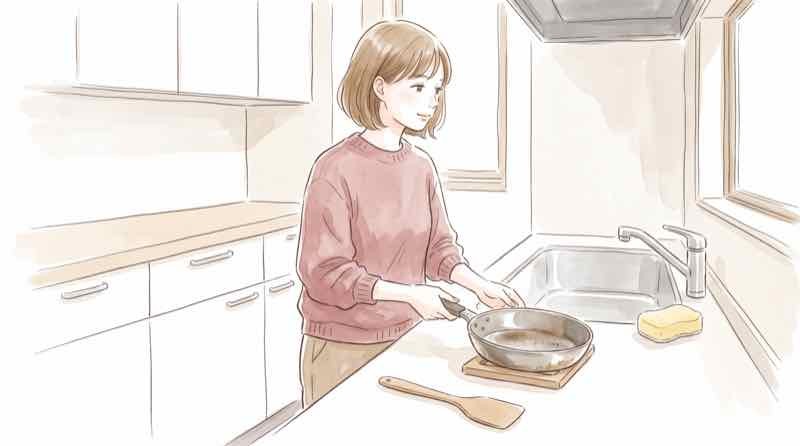 フライパンの寿命を縮める使い方を見直し熱いフライパンをコンロで自然にさましている場面