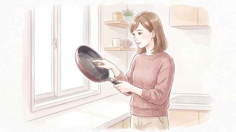 フライパンのコーティングの剥がれ具合を明るい窓辺で確認している女性
