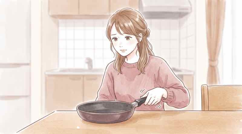 使用中止のサインとしてフライパンの取っ手のぐらつきや底の反りを点検している女性