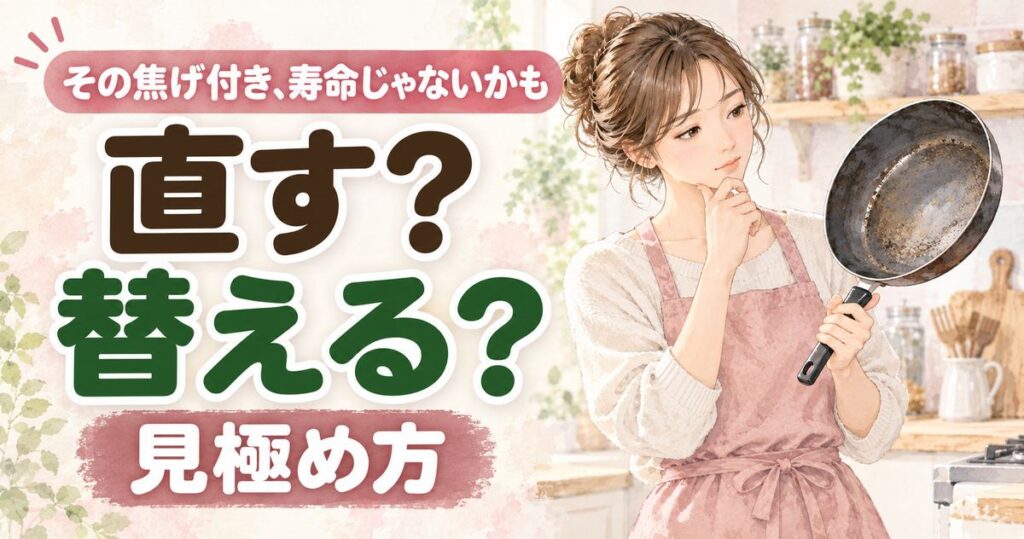 フライパンの寿命を見極めるため使い込んだフライパンの表面を確認する女性
