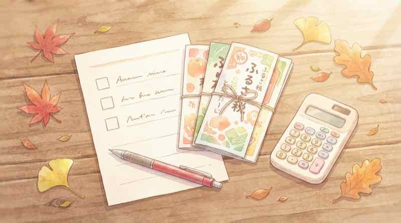 ふるさと納税を9月までにやるべきか迷う女性がカレンダーを見て考えているイラスト
