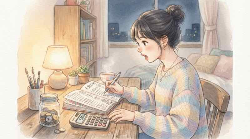 ふるさと納税の控除上限をオーバーしたときの自己負担を電卓で計算する女性のイラスト