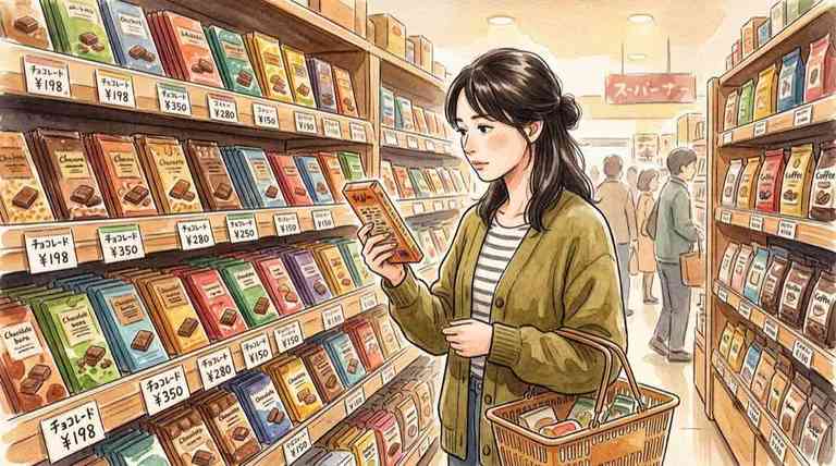 エルニーニョによるチョコレートとコーヒーの値上がりを心配しながらスーパーで買い物する女性のイラスト