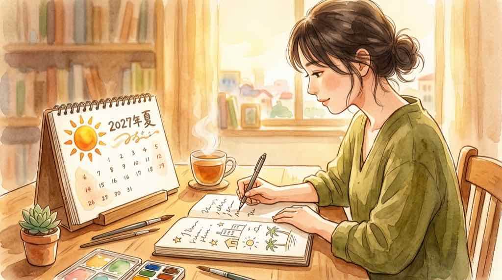 2027年の夏猛暑に備えて扇風機を倉庫から出している女性のイラスト
