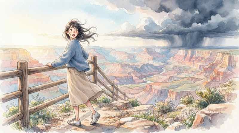 グランドキャニオン 洪水の最新情報を調べる旅行者と峡谷の展望風景