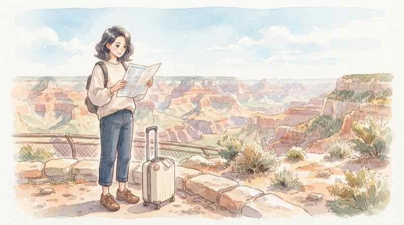 グランドキャニオン 現在の展望台から峡谷を眺める旅行者とサウスリムの様子