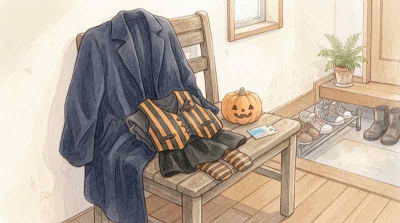ハロウィン仮装で電車に乗る前に注意点を確認する女性のイラスト