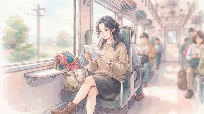 ハロウィン仮装で電車に乗る前に規則を確認する女性のイラスト