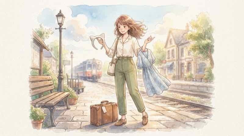 仮装レベル別に電車移動の可否を考える女性のイラスト