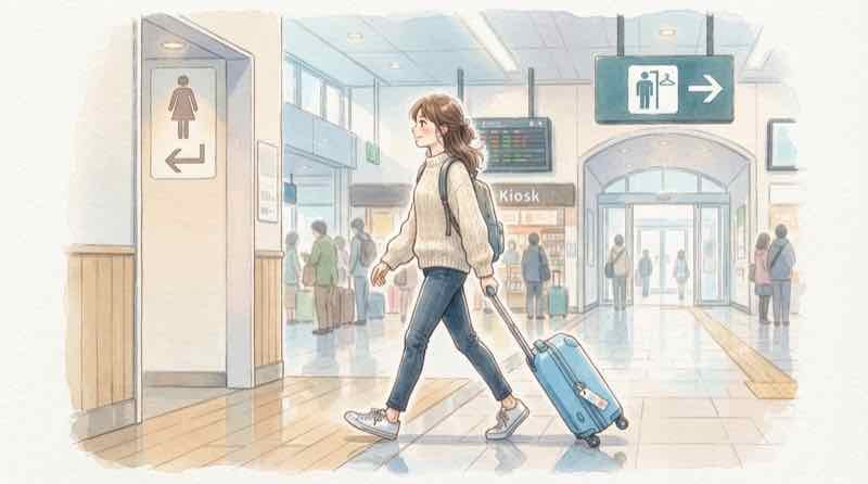 駅のトイレでの着替えを避け正しい更衣室を選ぶ女性のイラスト