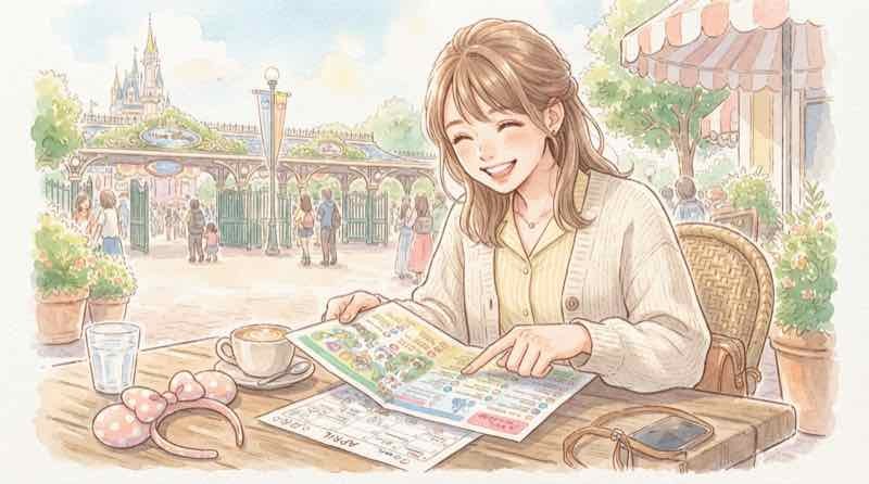 ディズニーとUSJのハロウィン仮装ルールを調べる女性のイラスト