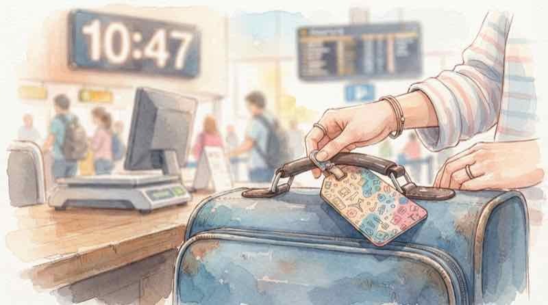 羽田空港国内線何分前に着けばいいか確認する女性のイラスト