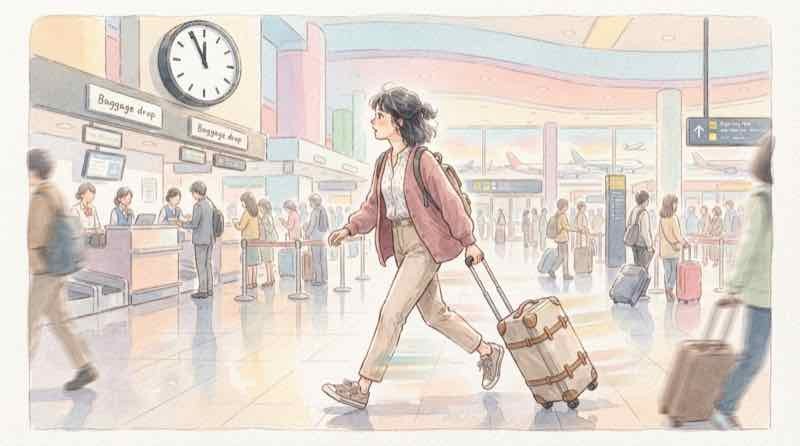 羽田空港国内線手荷物カウンターで時計を確認する旅行者のイラスト