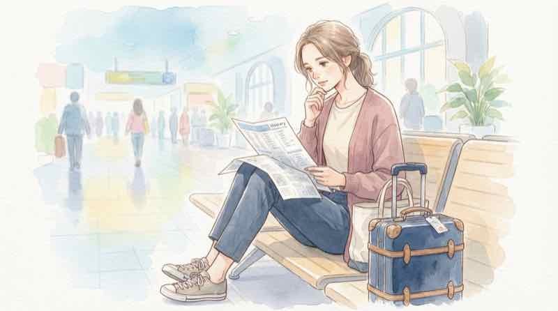 羽田空港到着時刻の目安を確認する女性のイラスト