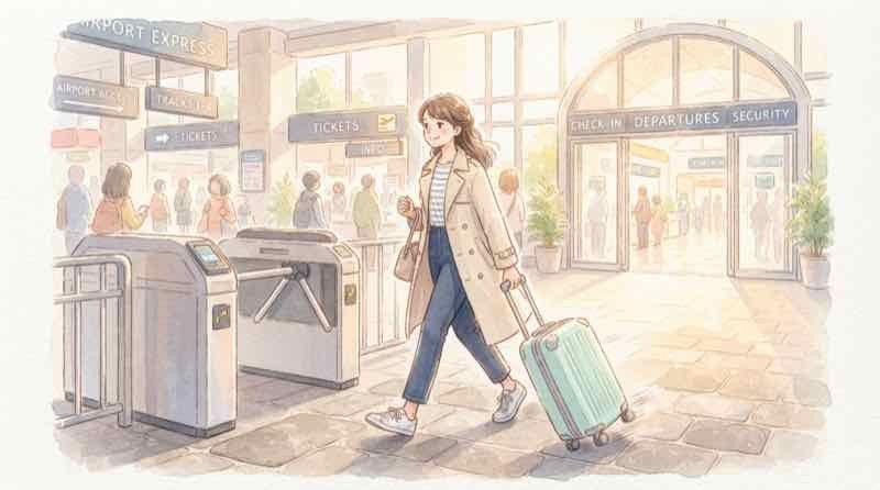 羽田空港の駅改札から手荷物カウンターへ向かう人のイラスト