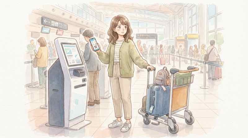 スマートフォンで搭乗券を確認する女性のイラスト