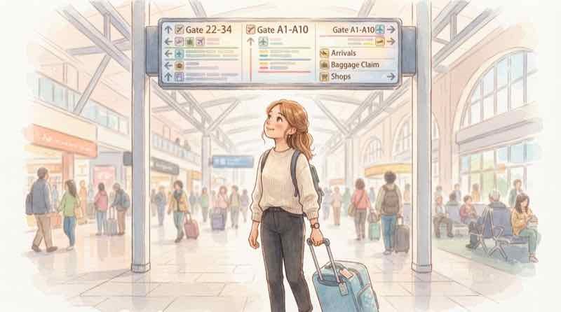 羽田空港のターミナル案内表示を見上げる旅行者のイラスト