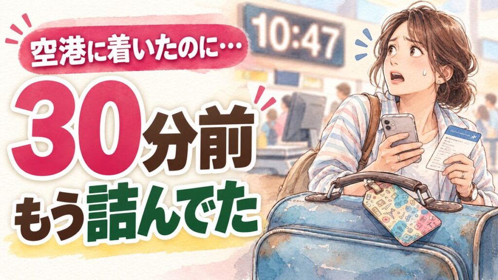 羽田空港国内線何分前に着けばいいか確認する女性のイラスト