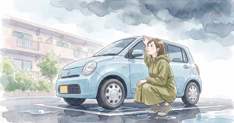 大雨の車の避難場所を家族で地図を広げて話し合う女性