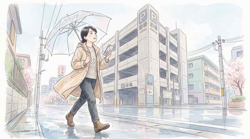 大雨の車の避難場所を地図アプリで確認する女性、傘を差して立体駐車場を見上げる