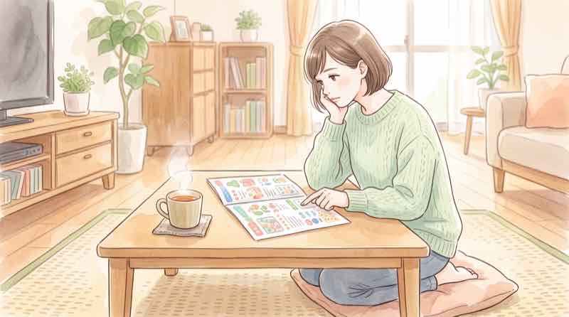 車両一時避難場所と指定避難所の違いを資料で見比べる女性