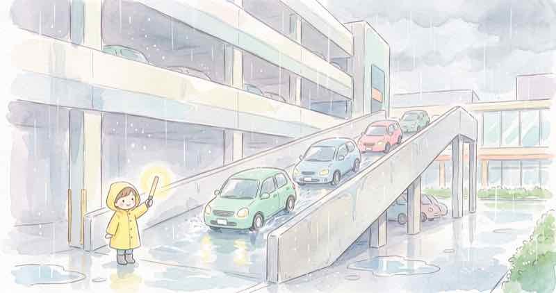 商業施設の立体駐車場の入口で係員の案内を待つ雨の日の車列