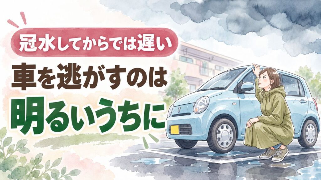 大雨の車の避難場所を家族で地図を広げて話し合う女性