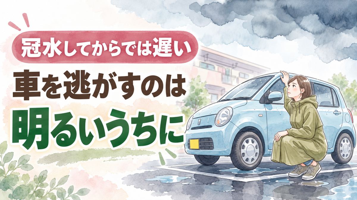大雨の車の避難場所を家族で地図を広げて話し合う女性
