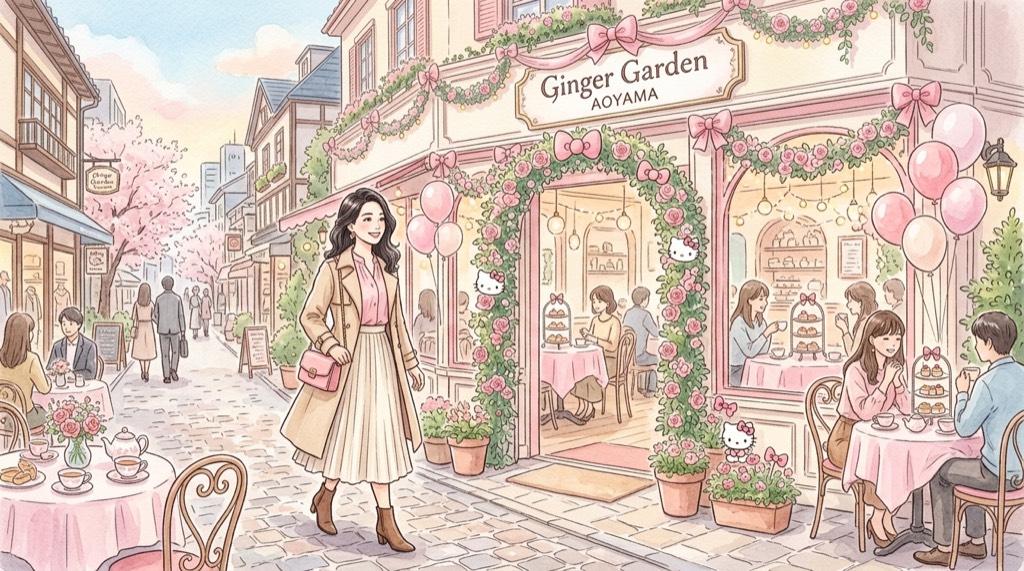 ハローキティ アフタヌーンティー2026 表参道Ginger Gardenへ向かう女性