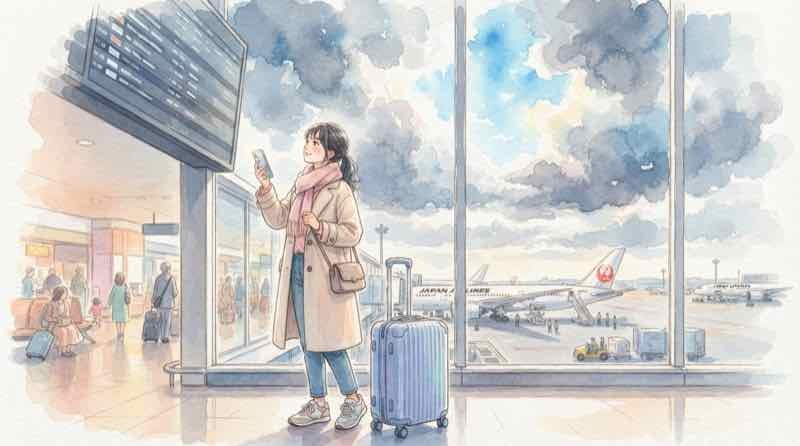 ひなたフェス 飛行機代のキャンセルを確認する女性のイラスト