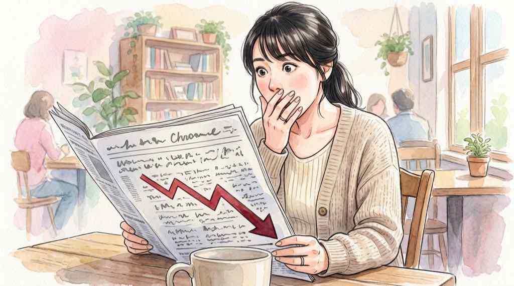 日立 7873億円赤字のニュースを見て驚く女性のイラスト