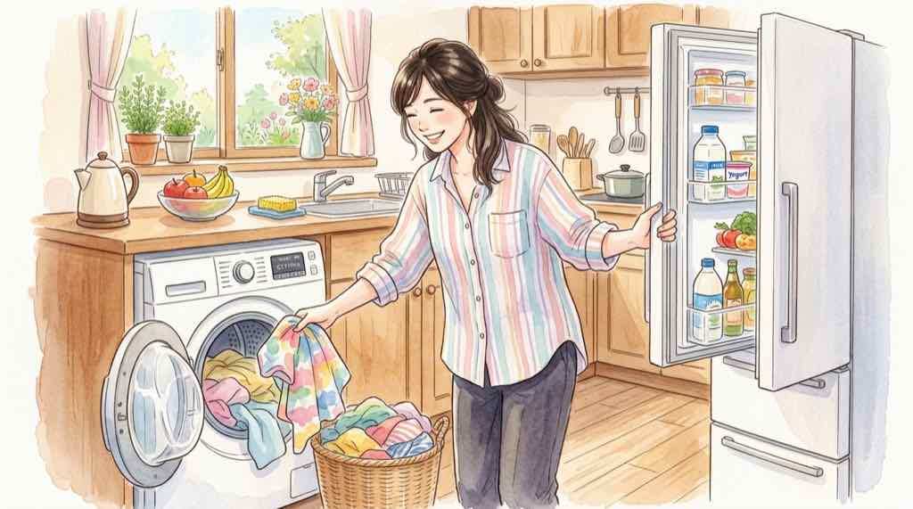 日立 冷蔵庫 洗濯機が並ぶキッチンのイラスト
