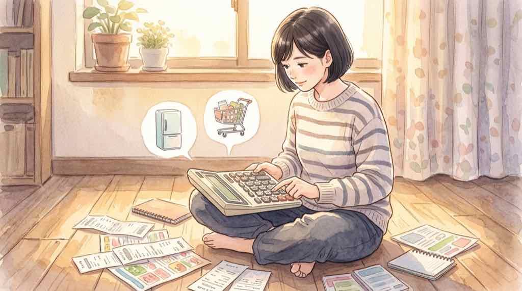 日立 ノジマ買収報道を電卓片手に計算する女性のイラスト