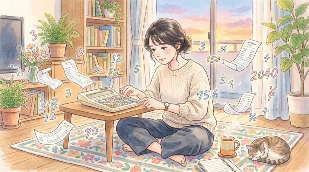 日立 GlobalLogic買収を電卓で計算する女性のイラスト