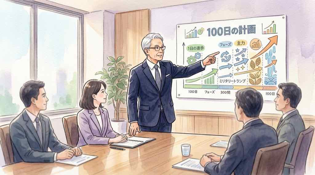 日立の売却と買収の天秤をイメージしたイラスト