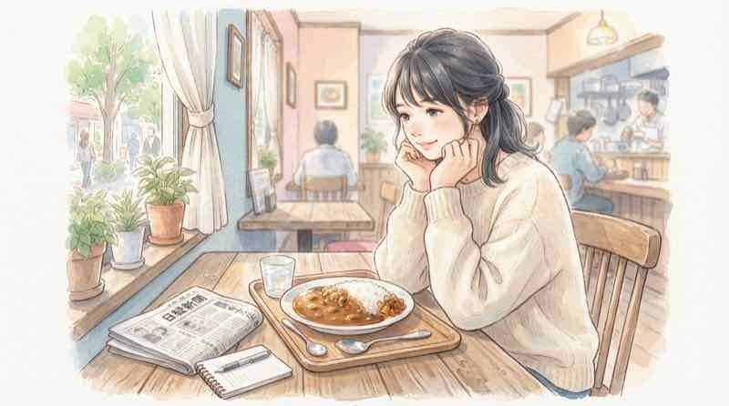 CoCo壱 売却 味 変わる、カレーを前にニュースを見て考える女性のイメージ