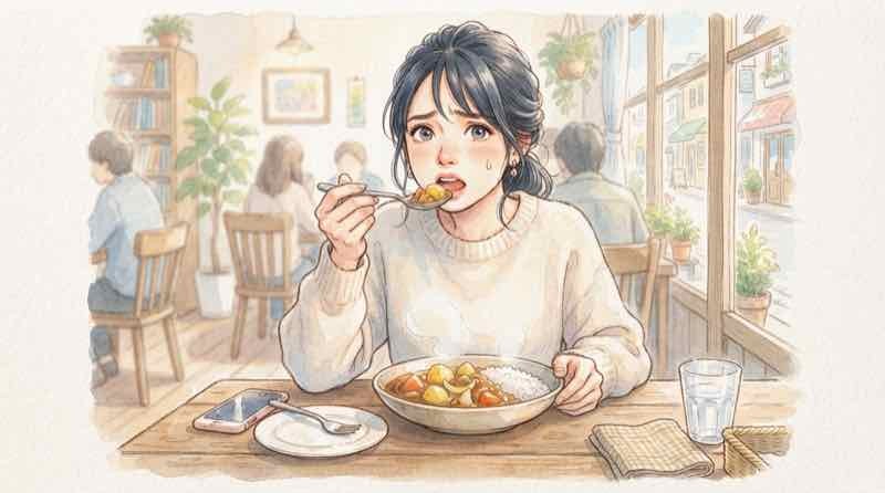 CoCo壱 味 変わる、カレーを味わいながら不安と期待を感じる女性の表情