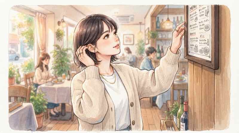 CoCo壱 メニュー 変更、店内でメニュー表を眺めながら考える女性