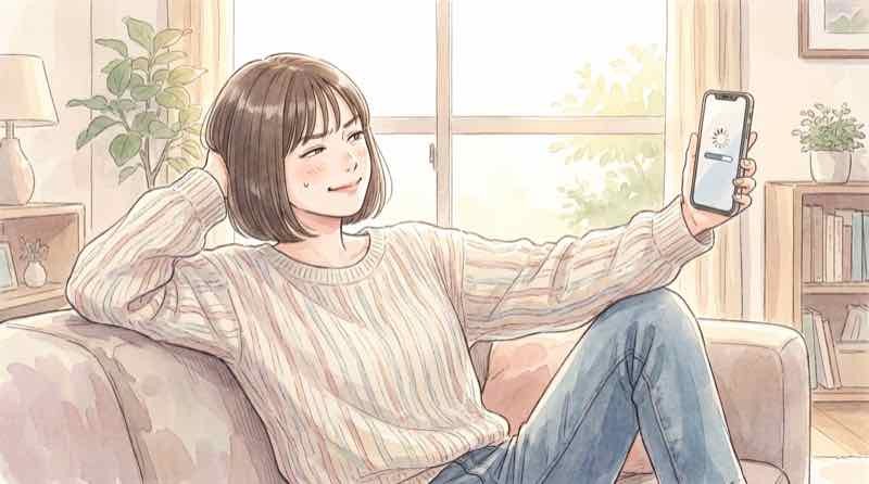 iOS 26.6.2のアップデート画面をソファでのぞき込む女性のイラスト