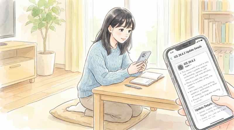 iOS 26.6.2の更新が進まないiPhone画面を眺めて首をかしげる女性のイラスト