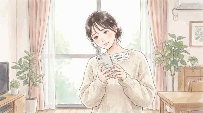 Wi-Fiなしでのアップデート方法を試すためパソコンとiPhoneをケーブルでつなぐ女性のイラスト