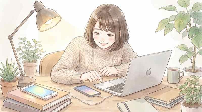 iOS 26.6.2更新後のiPhoneのバッテリー画面と改札のSuicaを気にする女性のイラスト