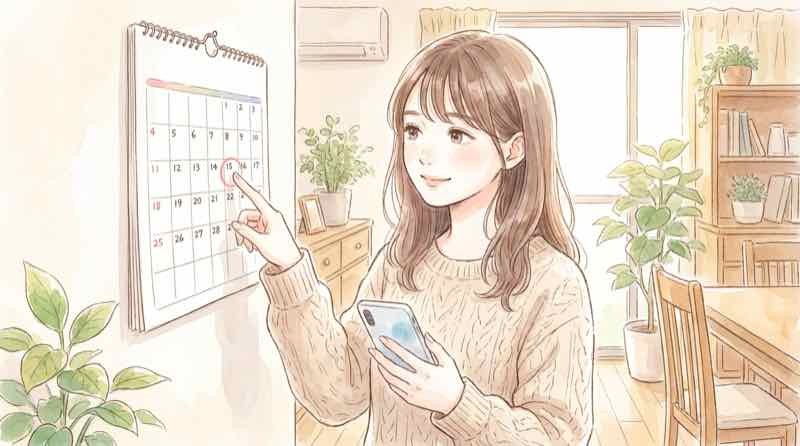 iOS 27の登場を前にiOS 26.6.2を入れるか考えながらカレンダーを見る女性のイラスト