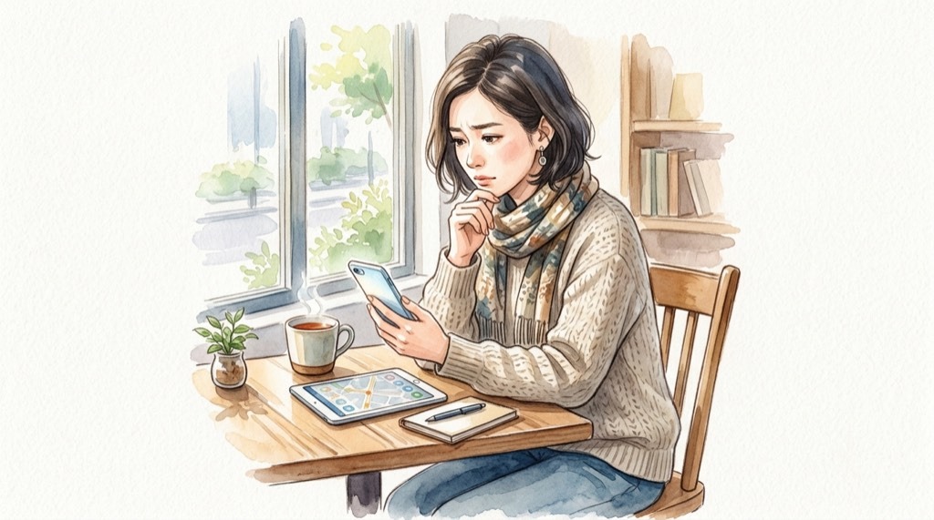 iPad mini 今買うべきか迷って考える女性のイラスト、スマートフォンを前に思案する様子
