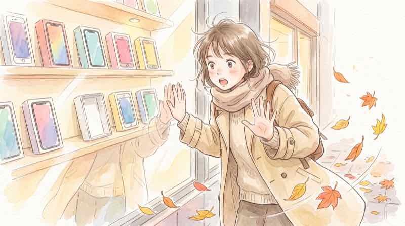 iPhone 18が発売されない理由を調べて考える女性のイラスト
