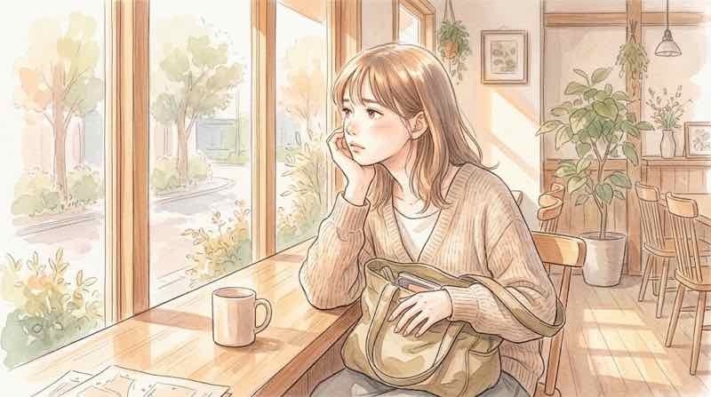 iPhone Duoの重さやカメラを気にする女性、カフェで悩む横顔